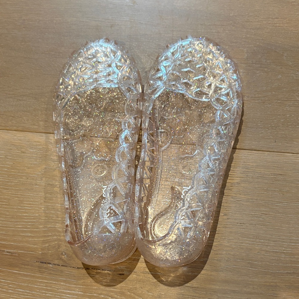 Del Sol Girls Size 1 Clear Glitter Jelly Ballet Flats.
